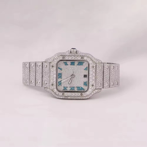 Nouvelle montre de luxe en quartz avec cadran romain bleu personnalisé, sertie de 120 moissanites rondes, pavé complet de qualité supérieure - Product Image 1