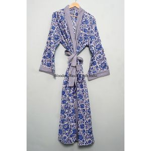 Nouvelle robe kimono en coton imprimé à la main pour femmes avec ceinture, légère, style bohème, idéale pour se détendre ou comme tenue de nuit estivale. - Product Image 5