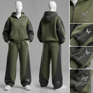 Women's Olive Green <b>Charcoal</b> Zip Hoodie Tracksuit Set Butterfly Print Color Oversized <b>Jogger</b> Pants - Product Image 2