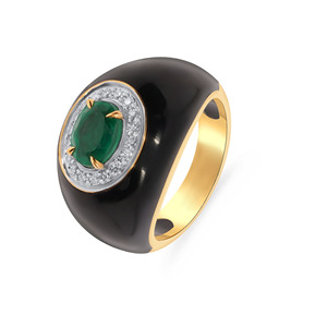 Anillo de Cóctel de Lujo en Esmalte Negro con Piedra Ovalada Color Esmeralda y Halo Brillante Redondo en Oro de 18K - Product Image 1