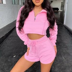 High Quality Wholesale New Design Custom Logo Casual Plain Full Zip Cotton Fleece Quick Dry Women's 2 Piece Shorts <b>Set</b> - Product Image 5