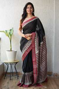 Saris en coton pur avec motif imprimé unique et attrayant, accompagnés d'un chemisier en lin, offrant un look traditionnel pour toutes les occasions. - Product Image 3