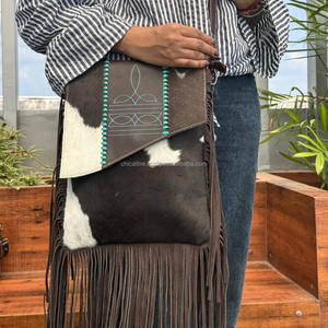 Western Boot Stitch Hair On cuero de vaca flecos bandolera y bota Stitch cuero de vaca genuino muñequera cartera conjuntos combinados - Product Image 2