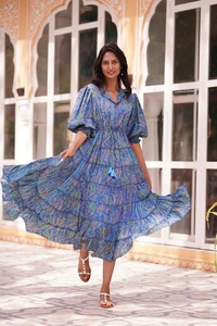 Midi azul Paisley seda mezcla nivel bohemio vestido fluido colorido verano elegante boda té alto ropa de día - Product Image 2
