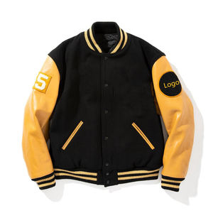 Veste d'hiver en laine véritable avec manches en cuir de vachette, impression de logo personnalisée, veste noire d'hiver à boutons, veste de baseball en tricot. - Product Image 1