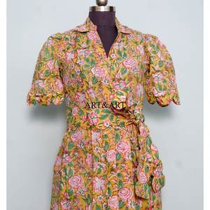 <b>Women's</b> Cotton Block Floral Printed V-Neck Midi <b>Dress</b> Short Sleeve Boho Weddings Casual <b>Party</b> Wear Bikini Cover up Lace up <b>Dress</b> - Product Image 4