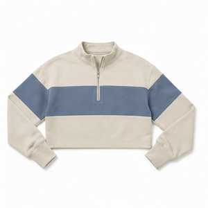 Customize Silver <b>Grey</b> Womens Relaxed Half Zip Cropped <b>Sweatshirt</b> Contrast Stripe Cotton Fleece - Product Image 5