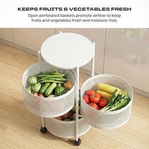 Étagère de rangement ronde en métal à 3 niveaux, organisateur de cuisine mobile avec roulettes pour le stockage des aliments, design minimaliste, blanc - Product Image 2