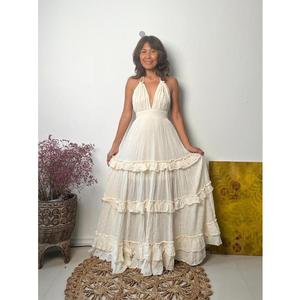 Boho Halter Neck Tiered Maxi Dress Women Sexy Backless Deep V-Neck for White Cotton Gauze Beach Sundress Smocked Waist Modern - Product Image 6