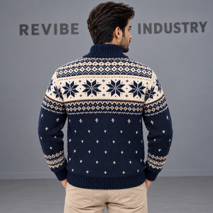 Suéter de punto para hombre con cremallera de un cuarto, diseño de copo de nieve, azul marino y crema, para Navidad, cuello alto, jersey de invierno, venta al por mayor OEM - Product Image 4