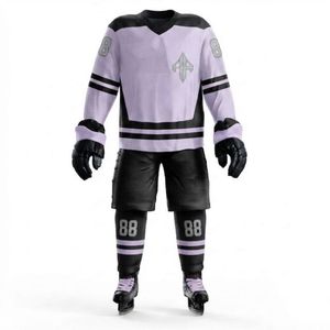 Ensemble complet d'uniforme de hockey sur glace à manches longues, impression par transfert thermique, col en V, taille élastique, 100 % polyester, qualité supérieure pour hommes - Product Image 2