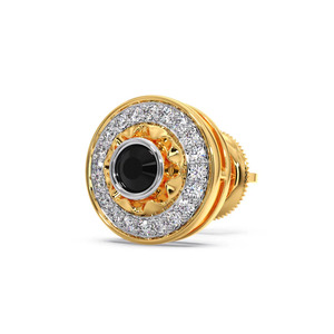 Anillo llamativo con halo de diamantes en negro medianoche y diseño circular dorado esculpido - Product Image 1