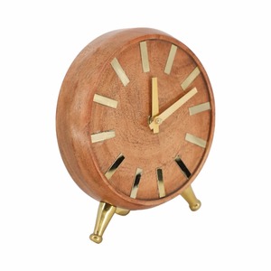 Wooden Desk <b>Clock</b> With Brass Accents Minimalist Design Battery Operated Quartz Movement Circular Shape For Home Offices Use - Product Image 1