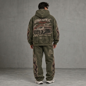 <b>Men's</b> Oversized <b>Green</b> Acid Wash Hoodie Tracksuit Set Heavyweight Cotton Jogger Sweat <b>Suit</b> Streetwear Custom Private Label - Product Image 2