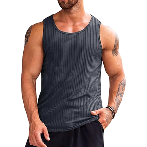 Camisetas sin mangas de punto transpirable de viscosa/poliéster acanaladas para hombre |   Camiseta Deportiva de Cuello Redondo para Gimnasio, Fitness y Ropa Urbana de Verano - Product Image 1