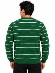 Livster <b>Mens</b> Winter 100% Cotton Dark Green V Neck Striped Knitted <b>Sweater</b> Classic Full Sleeve Pullover <b>White</b> Horizontal Stripe - Product Image 3