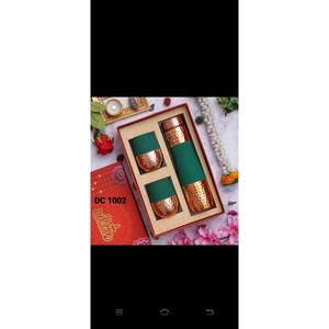 Copper <b>Water</b> <b>Bottle</b> With Glass Set With Green Sleeve Easy Grip Good For Health Latest Arrival Copper <b>Bottle</b> Corporate Gift Idea - Product Image 1