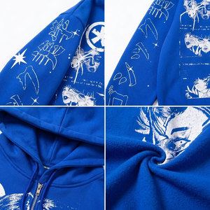 Sweat à capuche zippé bleu pour homme, coupe oversize, en coton, imprimé graphique, style streetwear décontracté, avec logo frontal - Product Image 6