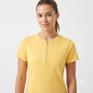 Women's Yellow Short Sleeve Crew Neck T-Shirt With Zipper Casual Knitted Top Spring Summer Regular Fit Solid Color - Product Image 1