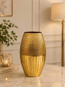 Home Bloom Modern Gold <b>Vase</b> Handmade <b>Ribbed</b> Design Tabletop Decor - Product Image 1