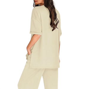 Women's Casual Eco-friendly Lightweight 2-piece Co-ord <b>Set</b> Summer Button Decoration Solid Pattern Short Sleeve Women's <b>Sets</b> - Product Image 2