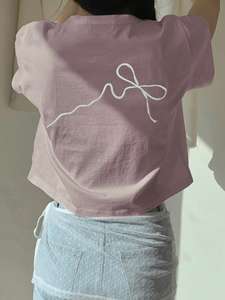 Camiseta Corta para Mujer OEM, Color Rosa Polvoriento, Corte Ajustado, Blusa Lisa de Color Sólido, Transpirable, Manga Media, Estilo Estético - Product Image 5