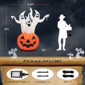 Decorazioni Gonfiabili di Halloween da 1,8 Metri con Tre Fantasmi Bianchi, Zucca e Lampada Rotante per Esterni - Product Image 3