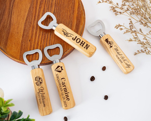 Ouvre-bouteille en bois personnalisé pour mariage, cadeau pour invités et témoins, ouvre-bouteille à bière avec poignée en bois gravée sur mesure - Product Image 5