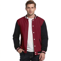 Jaket Varsity Baseball Pria Warna Blok Maroon Hitam Kancing Tekan Kerah Tegak Lengan Panjang Bahan Kanvas Bernapas untuk Musim Dingin