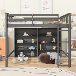 Letto a soppalco grigio a grandezza naturale con 8 ripiani aperti e scaletta integrata per bambini - Product Image 3