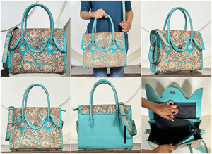 Sac fourre-tout en cuir véritable turquoise Western 2026 pour femme, fait main, avec motifs floraux gravés et bandoulière - Product Image 3