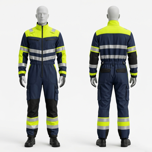 Combinaison de travail pour homme, 245 GSM, en sergé de polycoton, bleu marine, jaune, avec panneaux haute visibilité, bande réfléchissante, broderie personnalisée, impression - Product Image 1