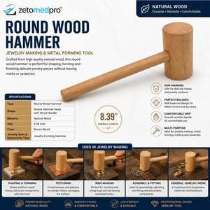 Marteau rond en bois avec manche en bois naturel, outil artisanal pour la fabrication de bijoux et le façonnage des métaux, 8,39 pouces, ZetomedPro - Product Image 2