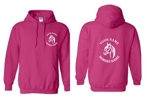 Sweat à capuche unisexe noir avec motif de cavalier sautant, nom personnalisé du cavalier et du cheval imprimé devant et derrière, coupe décontractée, coton French Terry - Product Image 2