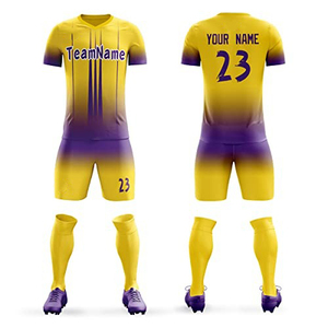 Conjunto de Uniforme de Fútbol Personalizado, Amarillo con Degradado Morado, Cuello en V, Manga Corta, Absorbe la Humedad, Uniforme Masculino con Impresión Sublimada - Product Image 1