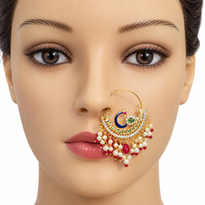 Vente en gros de bijoux de mariée indiens traditionnels plaqués or Kundan Nath, avec des perles et des pierres rouges et vertes - Product Image 3