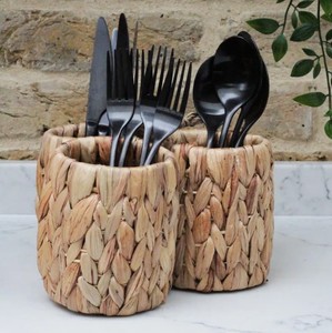 Handmade Water Hyacinth Tableware Caddy 3 Slot <b>Wicker</b> Spice Condiment Holder <b>Basket</b> with <b>Handle</b> Trim For Restaurant Catering - Product Image 2