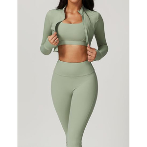 Conjunto Deportivo de Mujer de Alta Elasticidad y Suavidad, Leggings de Cintura Alta, Top Deportivo Corto, Chaqueta con Cierre y Orificios para Pulgares - Product Image 3