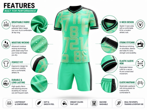 Ensemble maillot et short de football unisexe vert sans manches, numéros d'équipe sublimés, polyester anti-humidité, coupe classique, nom d'équipe personnalisé - Product Image 6