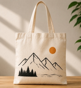 Mountain Print Cotton Canvas Tote Bag Eco Friendly <b>Cream</b> Large Capacity Outdoor Sunset Landscape Shoulder <b>Handbag</b> Reusable Tote - Product Image 1