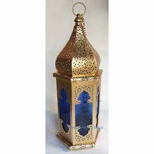 Ensemble de 2 lanternes marocaines élégantes en métal doré avec verre bleu et rouge Décoration de la maison par le fabricant et le fournisseur - Product Image 4