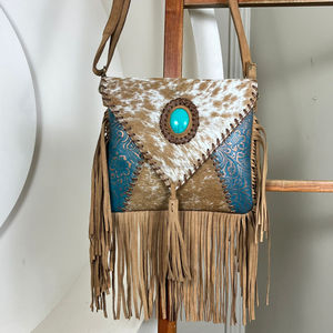Hot Sale 2025 Real Hair on Leather Fringe <b>Handbag</b> New Western Stylish Turquoise Stone Cowhide Leather Crossbody Purse Sling Bag - Product Image 4