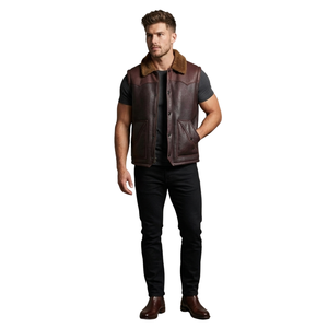 Gilet en cuir pour homme avec col en fourrure marron, sans manches, chaud pour l'hiver - Product Image 2