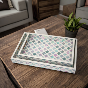 Bandeja de Servicio Blanca para Cocina y Baño, Diseño Geométrico de Mosaico Verde con Incrustaciones de Nácar, para Sala de Estar, Decorativa - Product Image 5