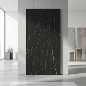 Dalles de grande taille en pierre frittée effet marbre poli Torque Nero 1600x3200mm, panneau mural haute brillance pour chambre et extérieur - Product Image 4