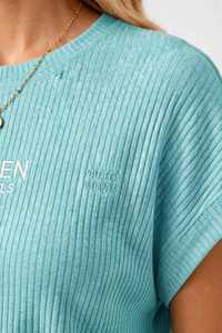 Conjunto de 2 piezas de punto acanalado para mujer de Oneten Apparels, top de manga corta con cuello redondo y pantalones largos, atuendo informal. - Product Image 6