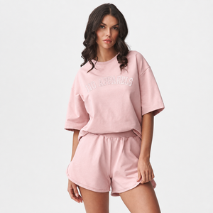 Ensemble T-shirt court rose et short pour femme, col rond, manches courtes, coupe ample, imprimé lettres, 100 % coton, idéal printemps-été - Product Image 2