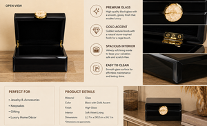 Black Glass Jewelry Storage Box with <b>Gold</b> Accent Natural Stone Knob Velvet Interior Decorative Keepsake and Vanity Organizer - Product Image 3