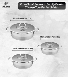 Ensemble de 6 casseroles peu profondes en acier inoxydable 18/10 de luxe avec couvercles en acier inoxydable, poignées en acier et base compatible induction - Product Image 2