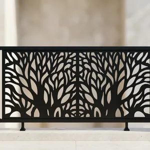 Rampe de balcon moderne en métal noir avec panneau décoratif découpé au laser à motif arbre pour terrasse, pièces d'escalier, extérieur de maison - Product Image 1